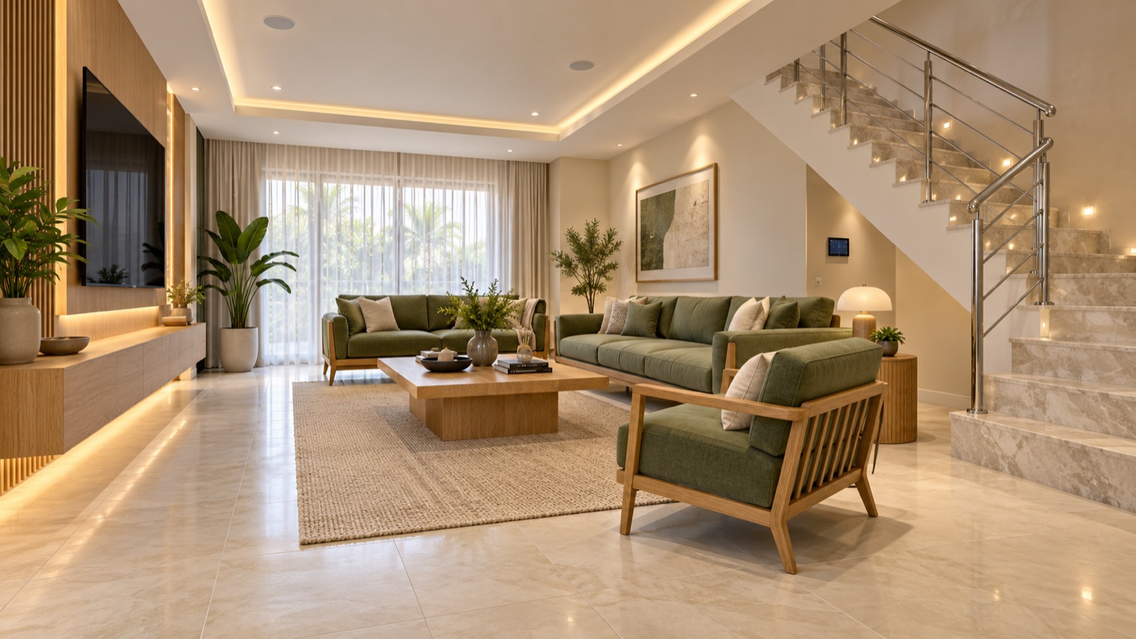 Front of the villa at blue hour with interior lights on